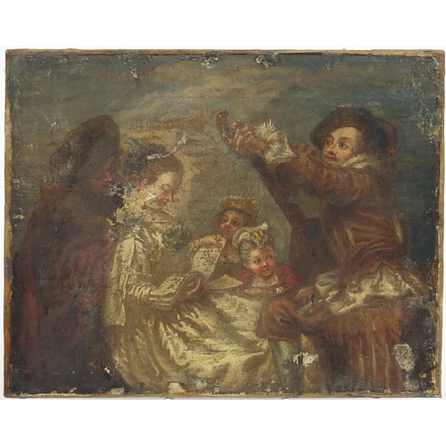1003 - Figures with minstrels playing lutes, antique oil on canvas, unframed, 25cm x 20cm