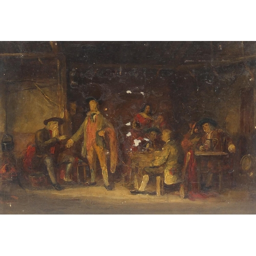 1084 - Tavern scene with figures, antique oil on wood panel, chalk marks and stencilled 951 MF verso, unfra... 