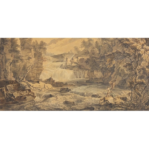 992 - Paul Sandby 1761 - Figures fishing at the bottom of a waterfall, 18th century watercolour on card, m... 