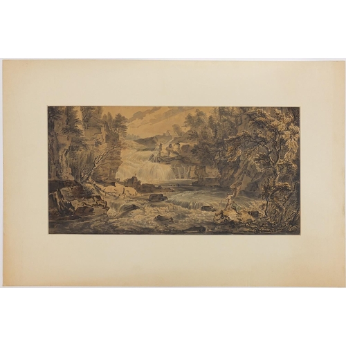 992 - Paul Sandby 1761 - Figures fishing at the bottom of a waterfall, 18th century watercolour on card, m... 