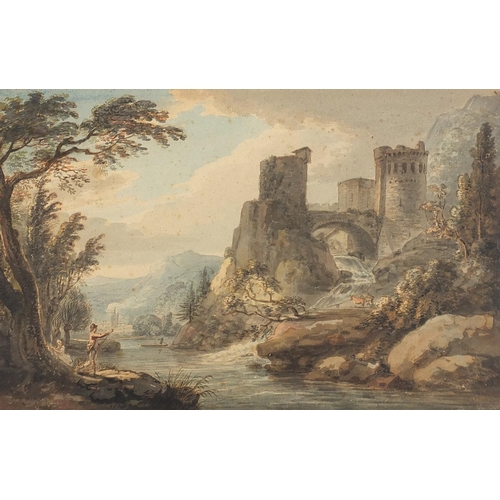 1013 - River landscape with a castle and figures, 19th century Italian watercolour on paper, indistinctly i... 