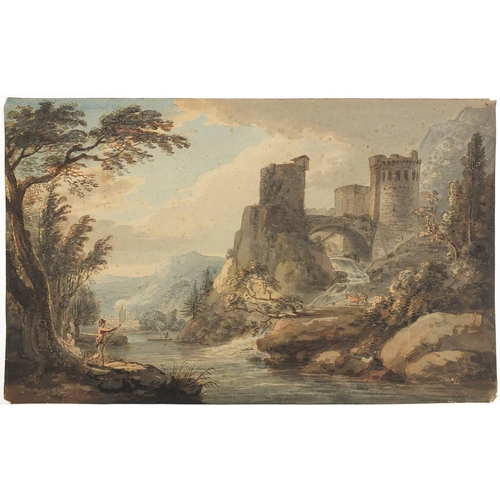 1013 - River landscape with a castle and figures, 19th century Italian watercolour on paper, indistinctly i... 