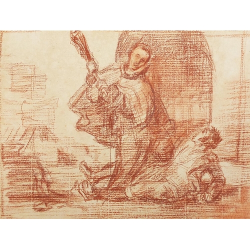 1041 - Two figures fighting, sanguine chalk on paper, mounted, unframed, 17.5cm x 13.5cm excluding the moun... 