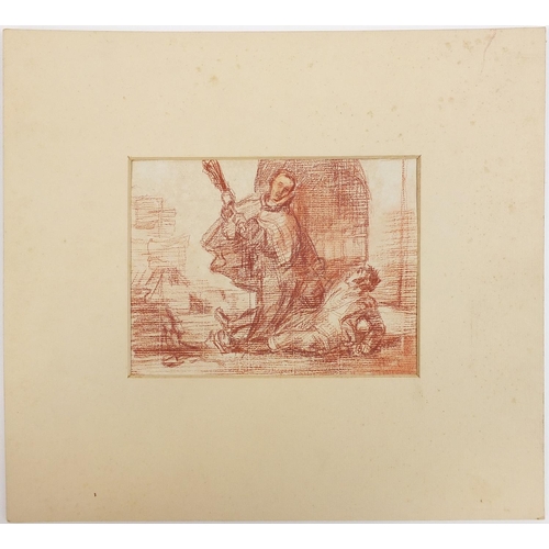 1041 - Two figures fighting, sanguine chalk on paper, mounted, unframed, 17.5cm x 13.5cm excluding the moun... 