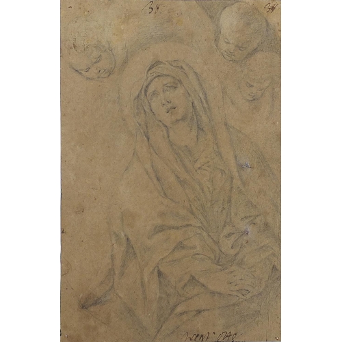 1057 - Manner of Guido Reni - Virgin Mary and Jesus, antique Bolognese school Old Master pencil on paper, u... 