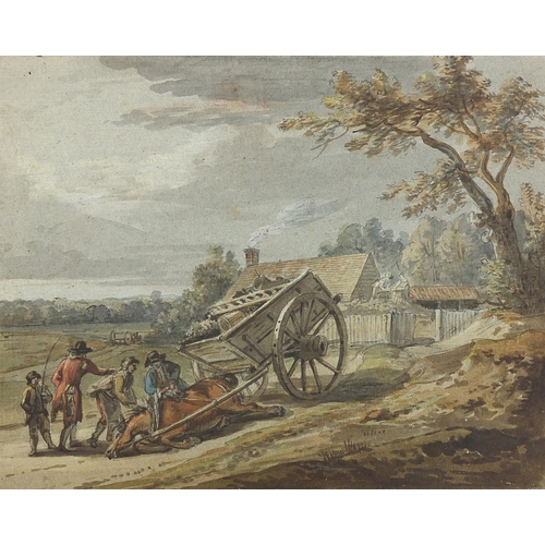 996 - Attributed to Paul Sandby - Figures with fallen horse and cart, 18th century watercolour, inscribed ... 