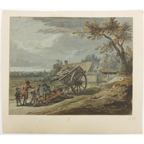 996 - Attributed to Paul Sandby - Figures with fallen horse and cart, 18th century watercolour, inscribed ... 