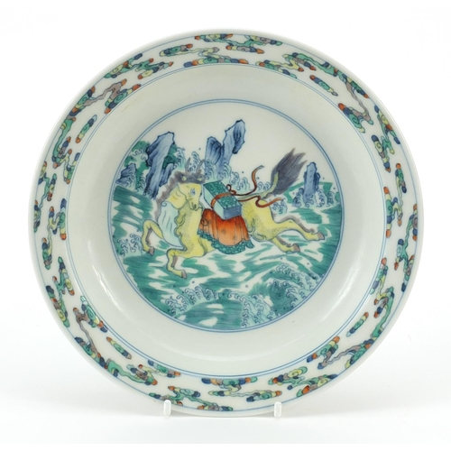 63 - Chinese wucai porcelain shallow bowl hand painted with a horse above waves with Daoist emblem, six f... 