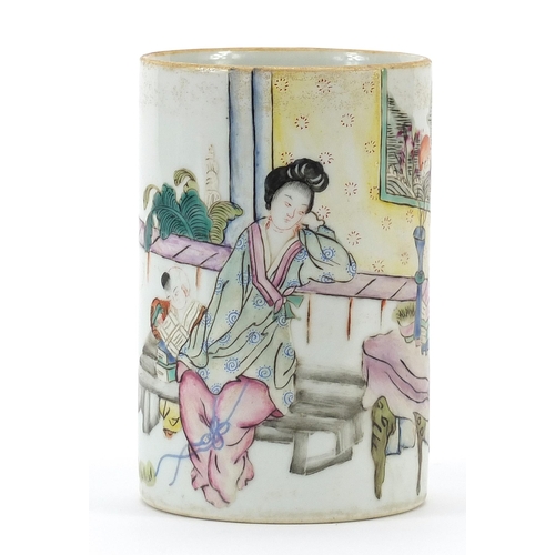 399 - Chinese porcelain brush pot hand painted in the famille rose palette with two figures in an interior... 