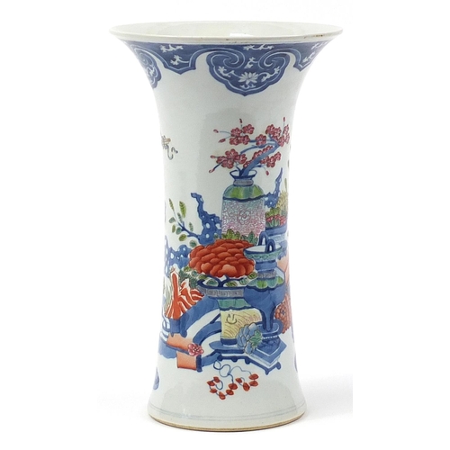 447 - Chinese doucai porcelain beaker vase hand painted with precious objects and flowers, six figure char... 