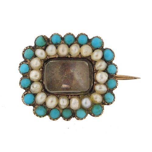 921 - Antique unmarked gold turquoise and pearl mourning brooch, 1.7cm wide, 2.4g