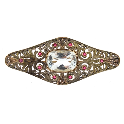 945 - Antique unmarked gold and silver aquamarine and ruby bar brooch, 6cm wide, 11.7g