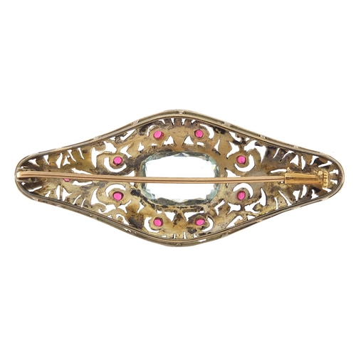 945 - Antique unmarked gold and silver aquamarine and ruby bar brooch, 6cm wide, 11.7g