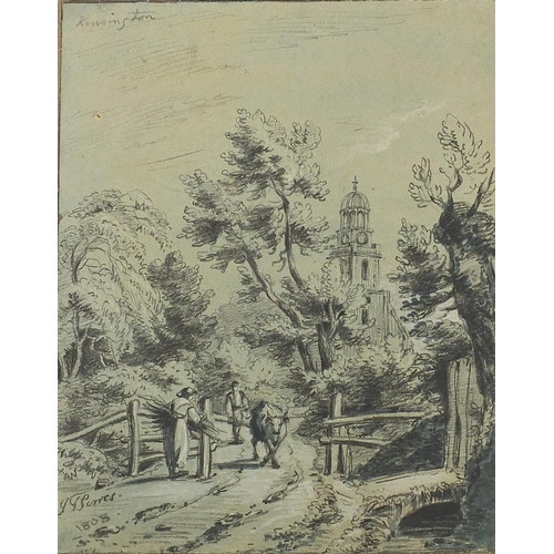 1042 - Attributed to John Thomas Serres - Figures and cattle on a path, early 19th century mixed media on p... 