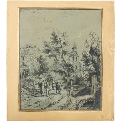 1042 - Attributed to John Thomas Serres - Figures and cattle on a path, early 19th century mixed media on p... 