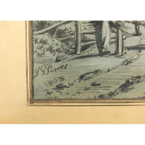 1042 - Attributed to John Thomas Serres - Figures and cattle on a path, early 19th century mixed media on p... 