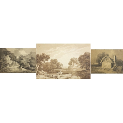 1036 - Pastoral landscapes with cottages, three 19th century monochrome watercolours, one inscribed P de Wi... 