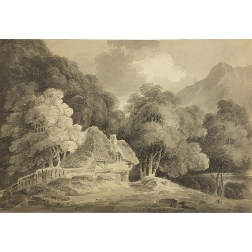 1036 - Pastoral landscapes with cottages, three 19th century monochrome watercolours, one inscribed P de Wi... 