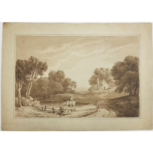 1036 - Pastoral landscapes with cottages, three 19th century monochrome watercolours, one inscribed P de Wi... 