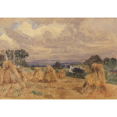 1052 - Manner of Thomas Churchyard - Hayricks near Maidstone, Kent, 19th century watercolour on paper, insc... 