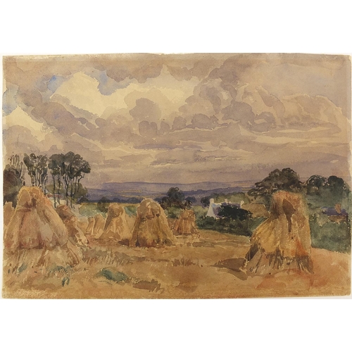 1052 - Manner of Thomas Churchyard - Hayricks near Maidstone, Kent, 19th century watercolour on paper, insc... 