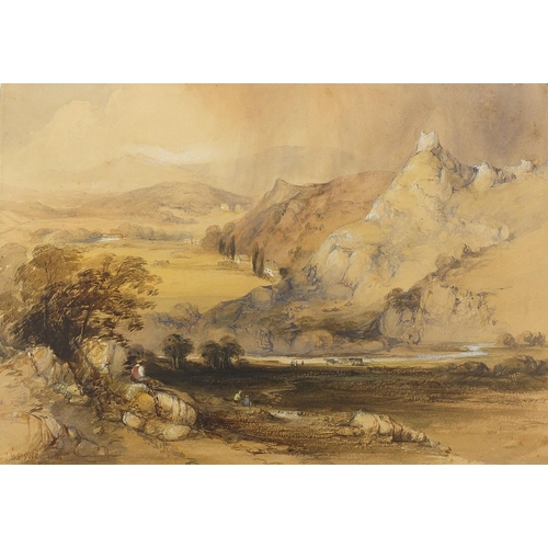 1054 - James Baker Pyne - Pastoral landscape with figures and cattle, 19th century heightened watercolour o... 