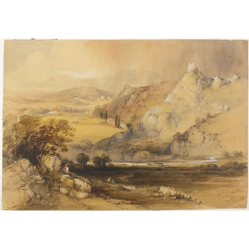 1054 - James Baker Pyne - Pastoral landscape with figures and cattle, 19th century heightened watercolour o... 