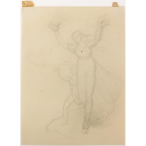 1053 - Manner of William Blake - Study of two figures, pencil on paper, inscribed verso, unframed, 27cm x 2... 