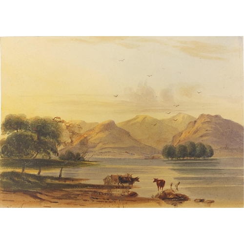 1056 - Mountainous landscapes with cattle and ruins, three 19th century watercolours on card, unframed, the... 