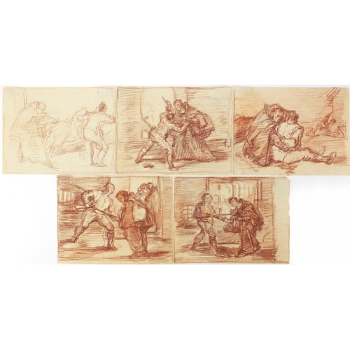 1039 - Soldiers and figures, five sanguine chalk drawings on paper, unframed, each approximately 19cm x 14c... 