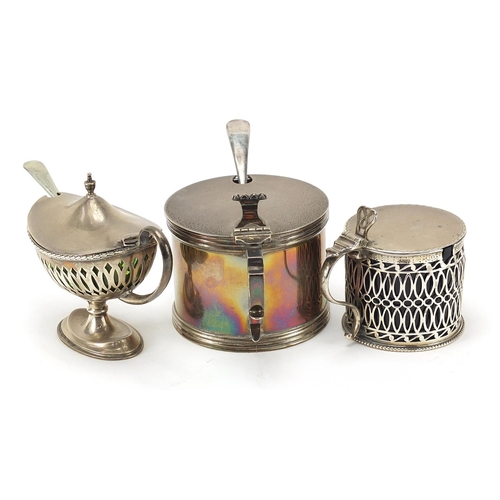 210 - Three antique and later silver mustards with glass liners and two silver plated spoons, the largest ... 