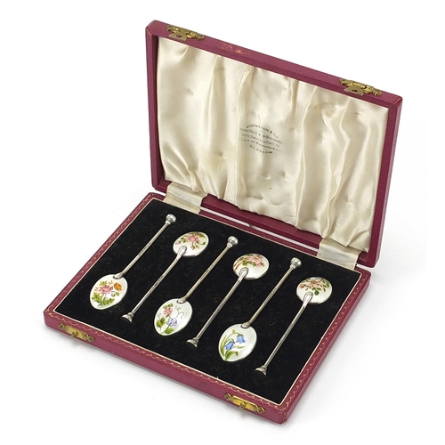 29 - Henry Clifford Davis, set of six silver and enamel teaspoons with fitted box, retailed by Johnston &... 