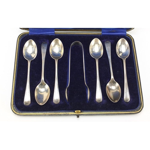 311 - W S Savage & Co, set of six silver teaspoons and sugar tongs housed in a fitted case, Sheffield 1915... 