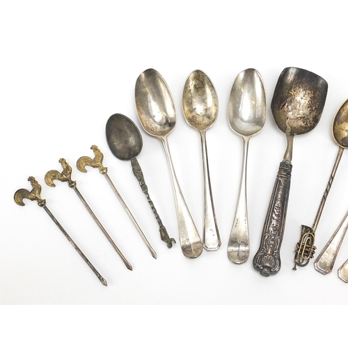 313 - Antique and later silver spoons and a set of five cocktail sticks, various hallmarks, the largest 13... 