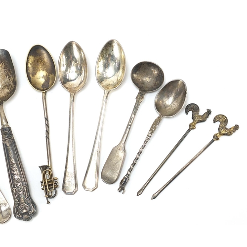 313 - Antique and later silver spoons and a set of five cocktail sticks, various hallmarks, the largest 13... 