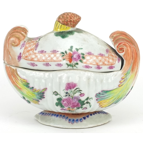 445 - Chinese porcelain sauce tureen with pineapple finial hand painted in the famille rose palette with f... 