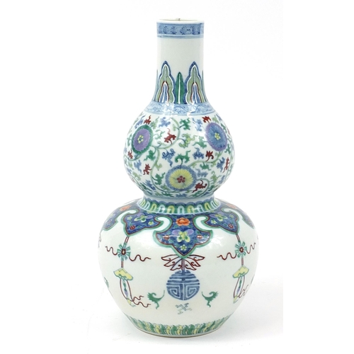 300 - Large Chinese doucai porcelain double gourd vase hand painted with Daoist emblems and flower heads a... 