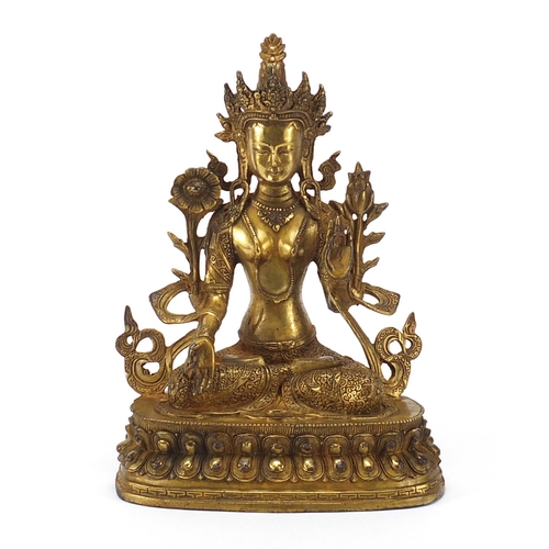 406 - Chino Tibetan gilt bronze figure of seated Buddha, 28.5cm high