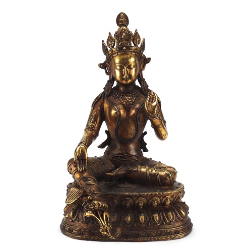 488 - Large Chino Tibetan gilt bronze and jewelled figure of seated Buddha, 50cm high