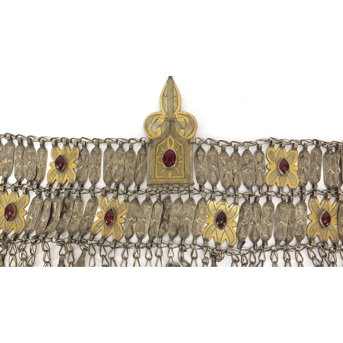 177 - Indian silver coloured metal jewelled wedding belt, 55cm high