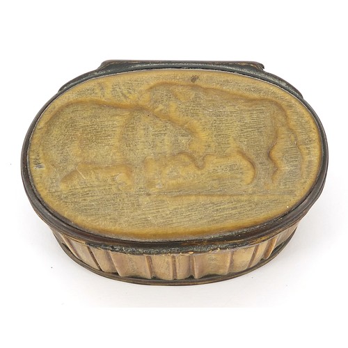 273 - 18th century rhinoceros horn snuff box with brass mounts carved with rhinoceroses and elephants, 8.5... 