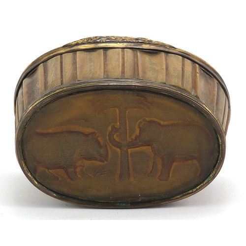 273 - 18th century rhinoceros horn snuff box with brass mounts carved with rhinoceroses and elephants, 8.5... 