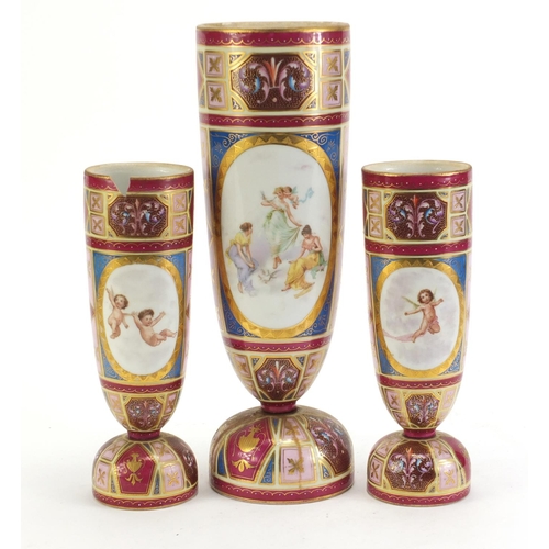 348 - Garniture of three Austrian Vienna vases, each hand painted with foliage and decorated with panels o... 