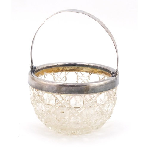 381 - Edward VII cut glass basket with silver mount and swing handle, London 1906, 11cm in diameter