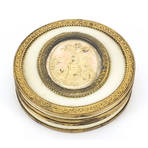 421 - 18th century French gold mounted ivory snuff box with lift off lid inset with an oval panel depictin... 