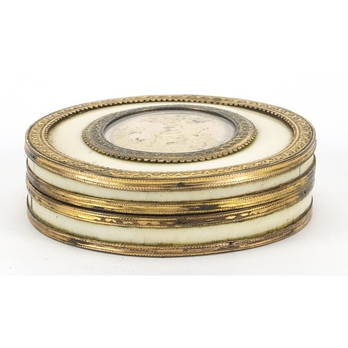 421 - 18th century French gold mounted ivory snuff box with lift off lid inset with an oval panel depictin... 