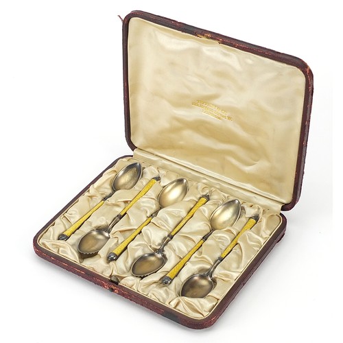 27 - Set of six Norwegian silver gilt and enamel teaspoons, housed in a Tiffany & Co fitted case, 105cm i... 