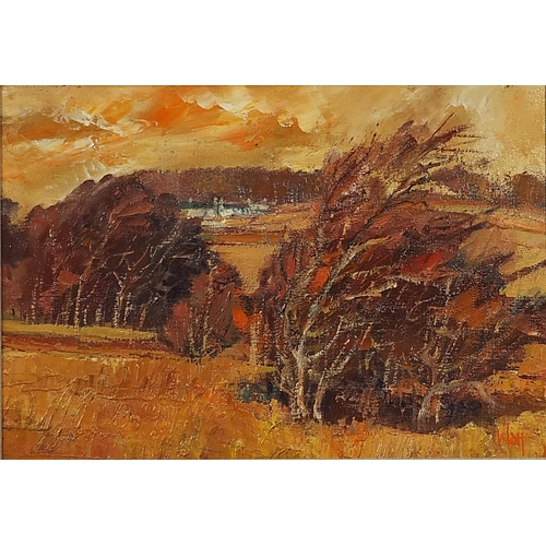 1009 - James Watt - Autumn, Meigle Bay, signed oil on board, inscribed verso, mounted and framed, 49.5cm x ... 