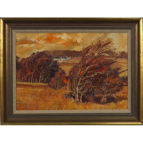 1009 - James Watt - Autumn, Meigle Bay, signed oil on board, inscribed verso, mounted and framed, 49.5cm x ... 