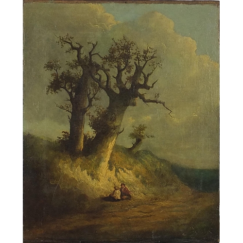 1027 - School of Thomas Gainsborough - Two figures seated beneath trees, 18th century English school oil on... 